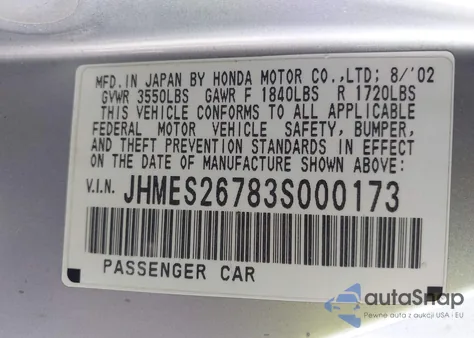 2003 Honda Civic Ex z USA, uszkodzony, nr VIN JHMES26783S000173